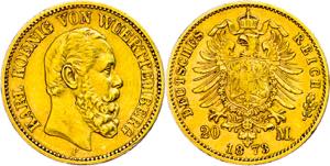 Württemberg 20 Mark, 1873, Karl, kleiner ... 