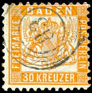 Baden 30 kreuzer yellow orange, having ... 