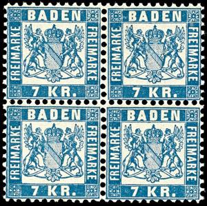 Baden 7 kreuzer blue, block of four, mint ... 