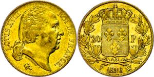 France 20 Franc, Gold, 1816, Louis XVIII, W ... 