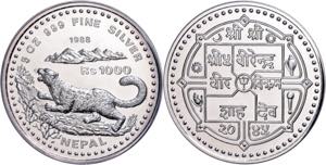 Nepal 1000 Rupee, silver, 1988, snow ... 