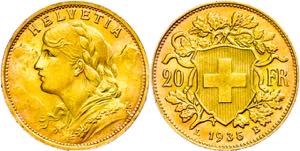 Schweiz 20 Franken, Gold, 1935, B, Vreneli, ... 