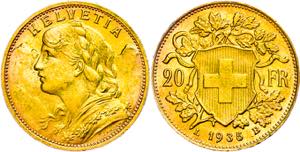Switzerland 20 Franc, Gold, 1935, Vreneli, ... 