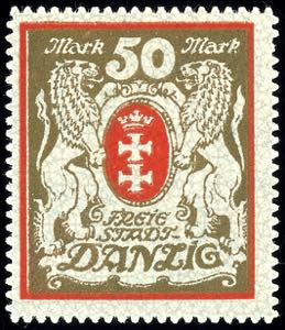 Danzig 50 Mark postal stamp red / gold, ... 