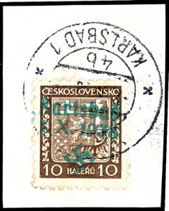 Karlsbad 10 Heller postal stamp with bright ... 