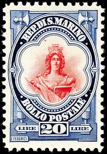 San Marino 20 L. Postal stamps national ... 