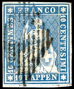 Schweiz 1854, 10 Rp. Strubel blau, Münchner ... 