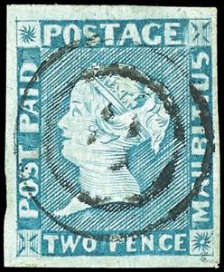 Mauritius 1848, 2 P. Blue, early printing on ... 