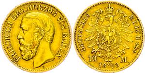 Baden 10 Mark, 1873, Friedrich I., small ... 
