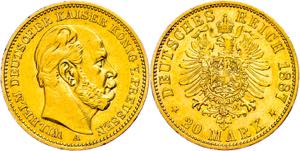 Prussia 20 Mark, 1887, A, Wilhelm I., small ... 