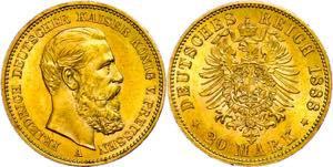 Prussia 20 Mark, 1888, Friedrich III., small ... 