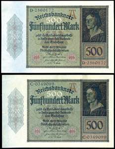 Deutsche Reichsbanknoten 1874-1945 2x 500 ... 