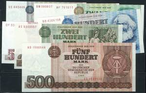 Banknoten DDR Letzter Satz, 7 Stück zu 5, ... 