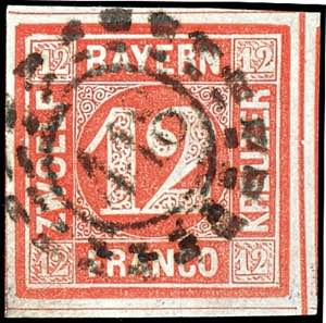 Bayern 12 Kreuzer rot, zentrisch gestempelt ... 