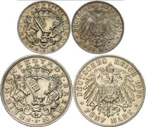 Bremen 2 und 5 Mark, 1904 und 1906, jeweils ... 