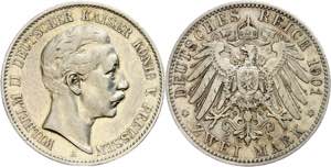 Preußen 2 Mark, 1901, Wilhelm II., kl. Rf., ... 