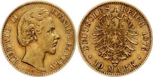 Bayern 10 Mark, 1875, Ludwig II., ss. J. 196 ... 