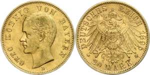 Bayern 20 Mark, 1895, Otto, kl. Rf., ss. J. ... 