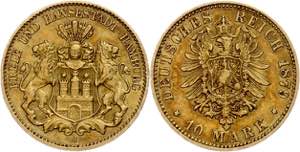 Hamburg 10 Mark, 1879, kl. Rf., ss, J. 209.  ... 
