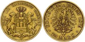 Hamburg 20 Mark, 1875, kl. Rf., ss. J. 210  ... 