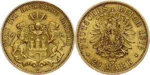 Hamburg 20 Mark, 1876, kl. Rf., ss. J. 210  ... 