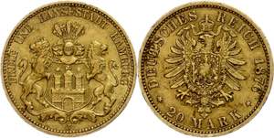 Hamburg 20 Mark, 1876, kl. Rf., ss. J. 210  ... 