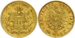 Hamburg 20 Mark, 1879, kl. Rf., ss, seltener ... 