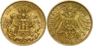 Hamburg 20 Mark, 1913, kl. Rf., f. vz. J. ... 
