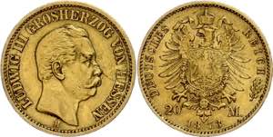 Hessen 20 Mark, 1873, Ludwig III., Kratzer, ... 