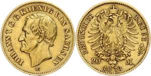 Sachsen 20 Mark, 1873, Johann, kl. Rf., ss. ... 