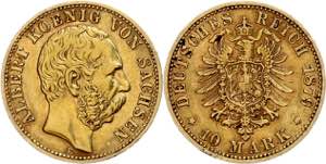 Sachsen 10 Mark, 1879, Albert, kl. Rf., ss. ... 