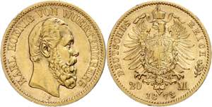 Württemberg 20 Mark, 1873, Karl, kl. Rf., ... 