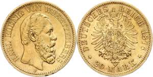 Württemberg 20 Mark, 1876, Karl, kl. Rf., ... 