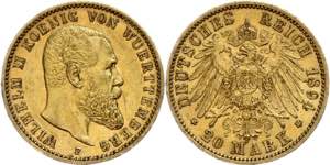 Württemberg 20 Mark, 1894, Wilhelm II., kl. ... 