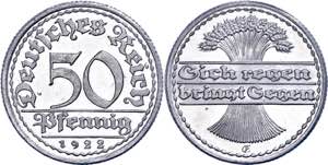 Münzen Weimar 50 Pfennig, 1922, E, kl. ... 