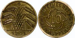 Münzen Weimar 10 Reichspfennig, 1931, G, ... 