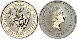 Australien 100 Dollars, Platin, 1995, Koala, ... 