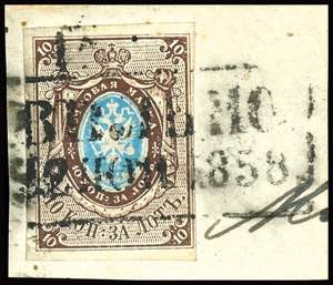 Rußland 1857, 10 K. dunkelbraun/hellblau ... 