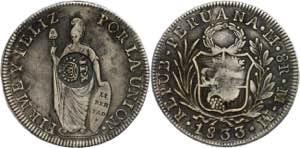 Philippinen 8 Reales, 1833, MM, Lima, mit ... 