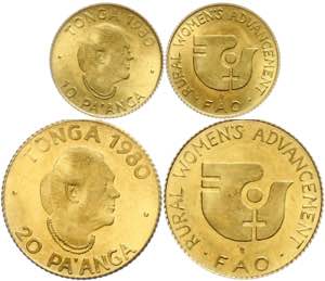 Tonga 10 und 20 Paanga, Gold, 1980, FAO, ... 