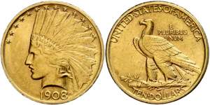 USA 10 Dollars, Gold, 1908, Denver, Indian ... 