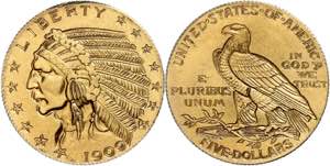 USA 5 Dollars, Gold, 1909, Indian Head, ... 
