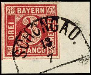 Bayern 3 Kreuzer lilarot auf Briefstück, ... 