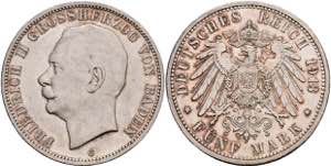 Baden 5 Mark, 1913, Friedrich II., wz. Rf., ... 