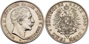 Preußen 2 Mark, 1888, Wilhelm II., kl. Rf., ... 