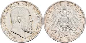 Württemberg 3 Mark, 1911, Wilhelm II., kl. ... 