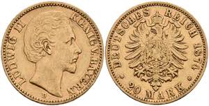 Bayern 20 Mark, 1874, Ludwig II., kl. Rf., ... 