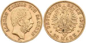 Sachsen 20 Mark, 1874, Albert, kl. Rf., ss. ... 