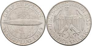 Münzen Weimar 5 Reichsmark, 1930, Zeppelin, ... 