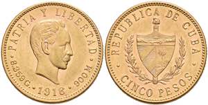 Kuba 5 Pesos, Gold, 1916, Fb. 4, vz.  Cuba 5 ... 